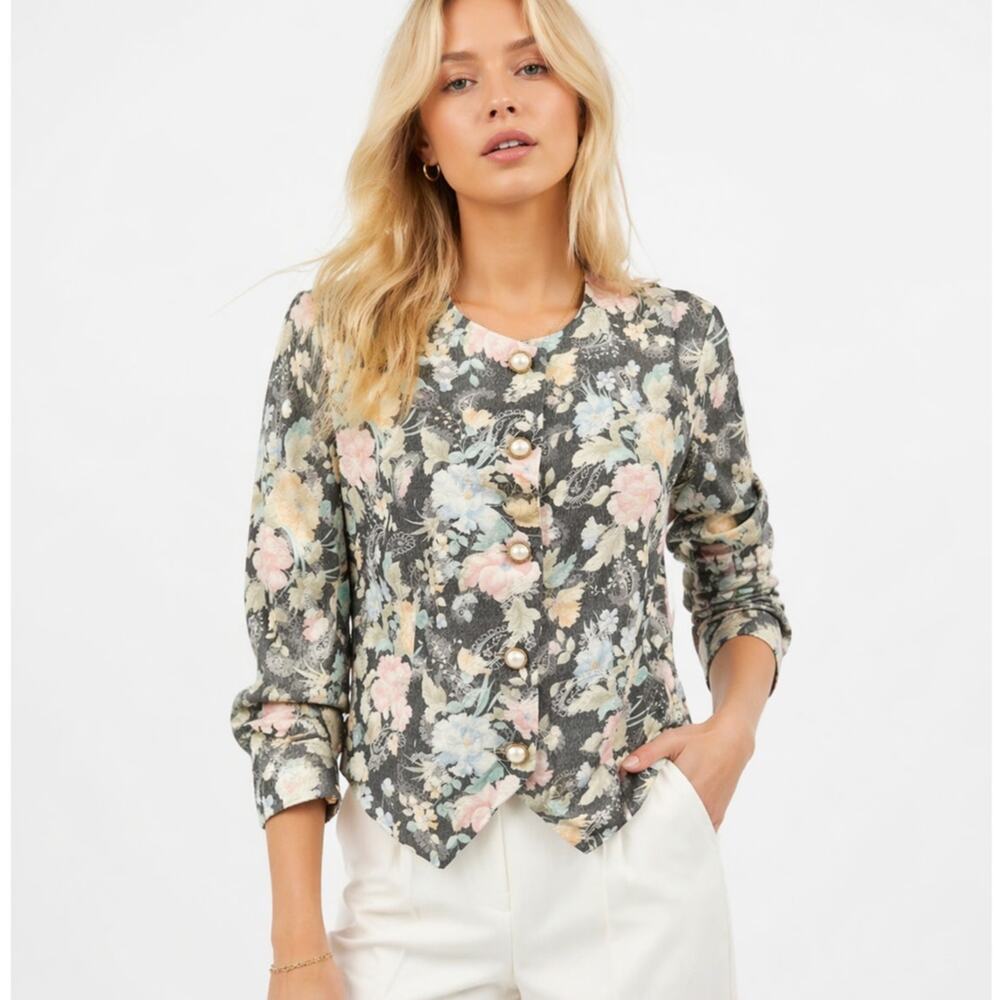 Vintage 80s Worthington Pearl Button Floral Blazer Jacket Size 12